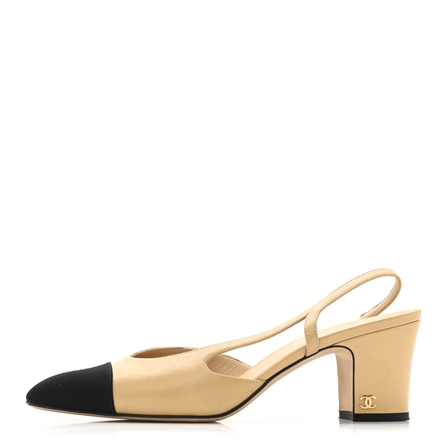 Goatskin Grosgrain Cap Toe CC Slingback Pumps 38.5 Beige Black | FASHIONPHILE (US)