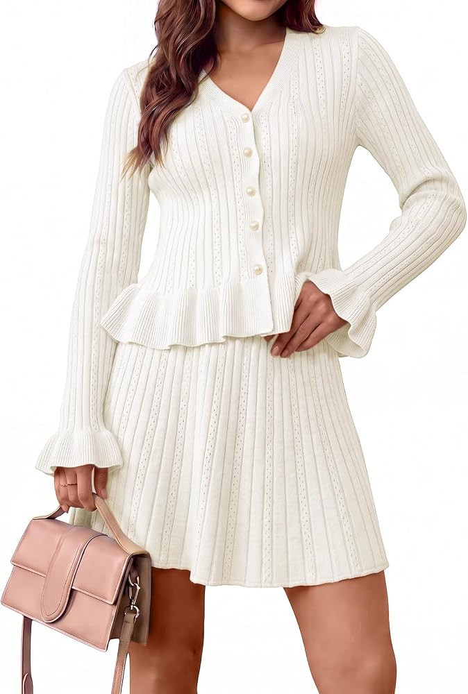 Wenrine Womens 2 Piece Set V Neck Ruffle Sweater Cardigan Mini Skirt Sets | Amazon (US)