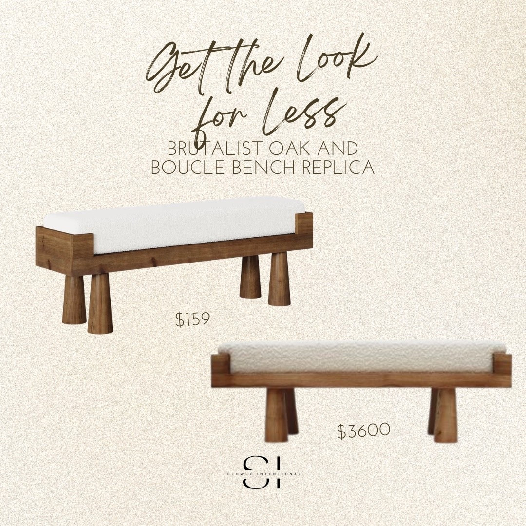 This is an incredible look a like for a fraction of the cost and I found it on Amazon! boucle bench, brutalist furniture, oak wood bench, designer dupe, look for less, organic modern decor, entryway bench, neutral home style, upholstered seating, modern bedroom bench

#LTKHome
