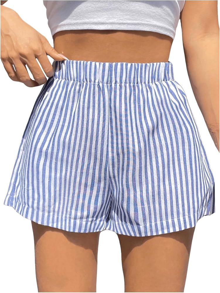 SOLY HUX Women's Striped Shorts Elastic High Waisted Wide Leg Casual Summer Shorts | Amazon (US)