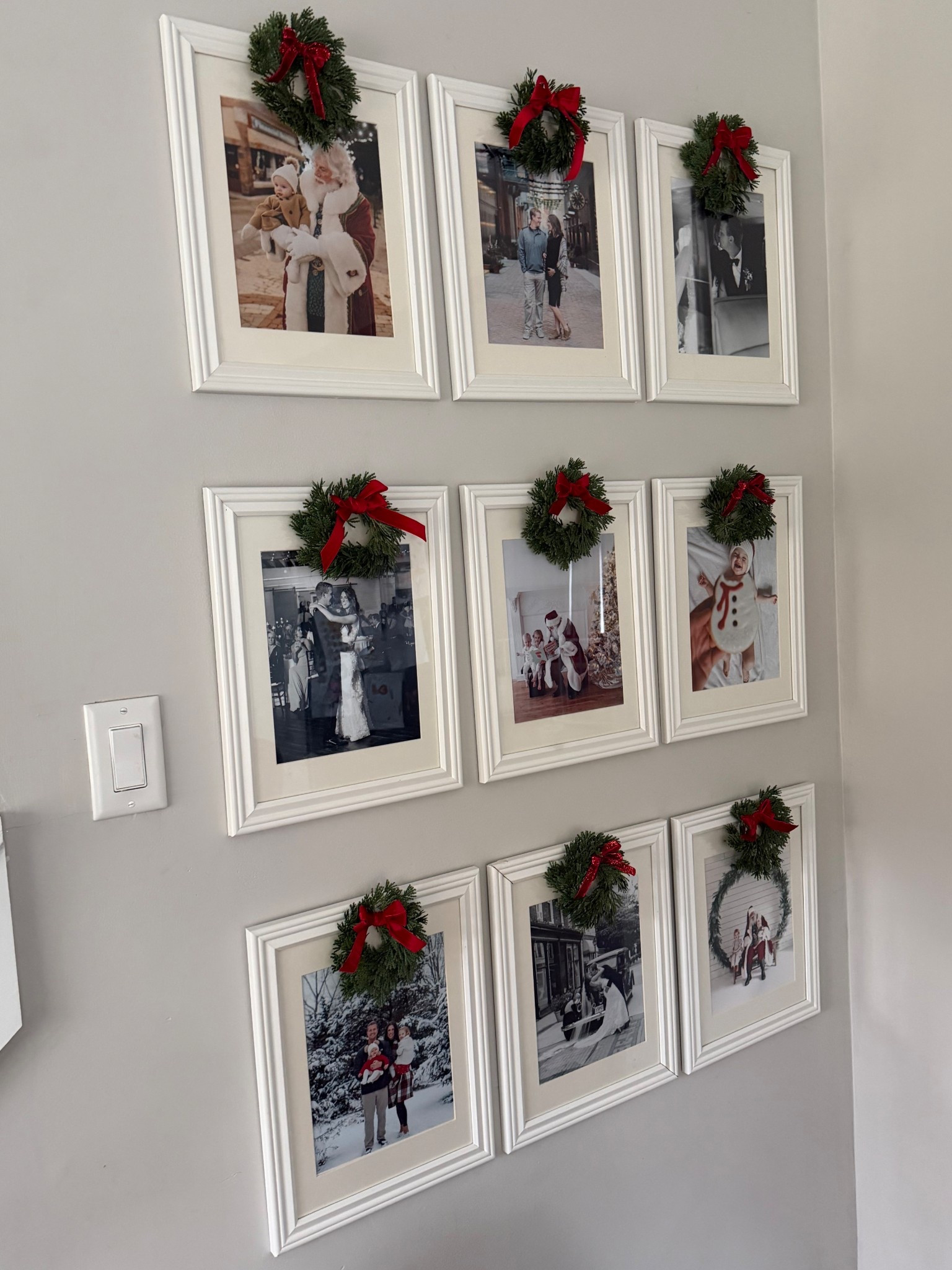 Mini wreaths, big impact 🎄✨”
The easiest way to make your photo wall feel festive — I just tied tiny wreaths (they’re actually napkin rings!) to each frame with red velvet ribbon. It’s simple, affordable, and instantly gives that cozy Christmas-movie feel

#LTKHoliday #LTKStyleTip #LTKHome