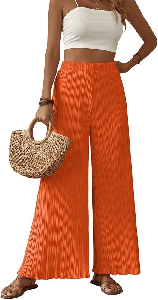 SweatyRocks Women's Boho Elastic Waist Pleated Pants Wide Leg Palazzo Pants Loose Trousers | Amazon (US)
