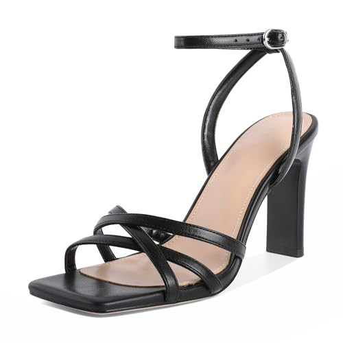 Joseywade Black Heels For Women Chunky Block High Heels Heeled Sandals Strappy Heels Ankle Strap Open Square Toe Shoes 3.5" US Size 8.5 | Amazon (US)