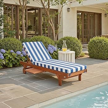 SAFAVIEH Outdoor Collection Newport Natural/ Blue & White Stripe Cushion Built-in Side Table Adju... | Amazon (US)