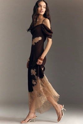 Bl-nk Satin Off-Shoulder Lace Midi Dress | Anthropologie (US)