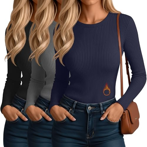 Evervibe 3 Pack Women's Ribbed Long Sleeve Thermal Tops Thin Fleece Lined Crew Neck Shirts Warm B... | Amazon (US)