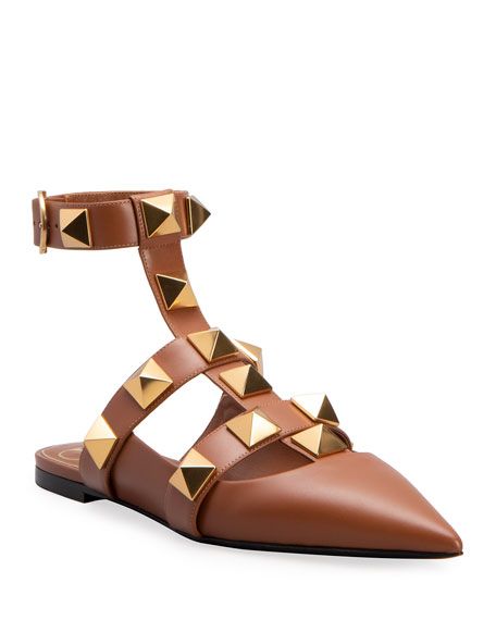 Roman Stud Ankle-Cuff Ballerina Flats | Neiman Marcus