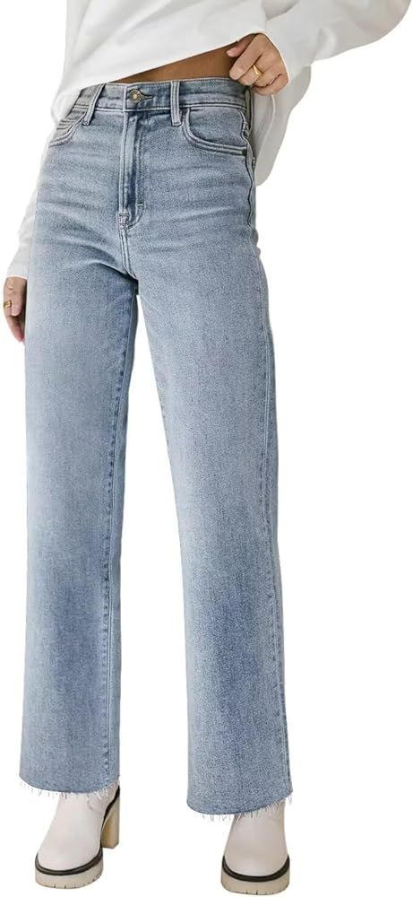 KDF Straight Leg Jeans for Women High Waisted Jeans Frayed Baggy Pants Raw Hem Loose Stretchy Cro... | Amazon (US)