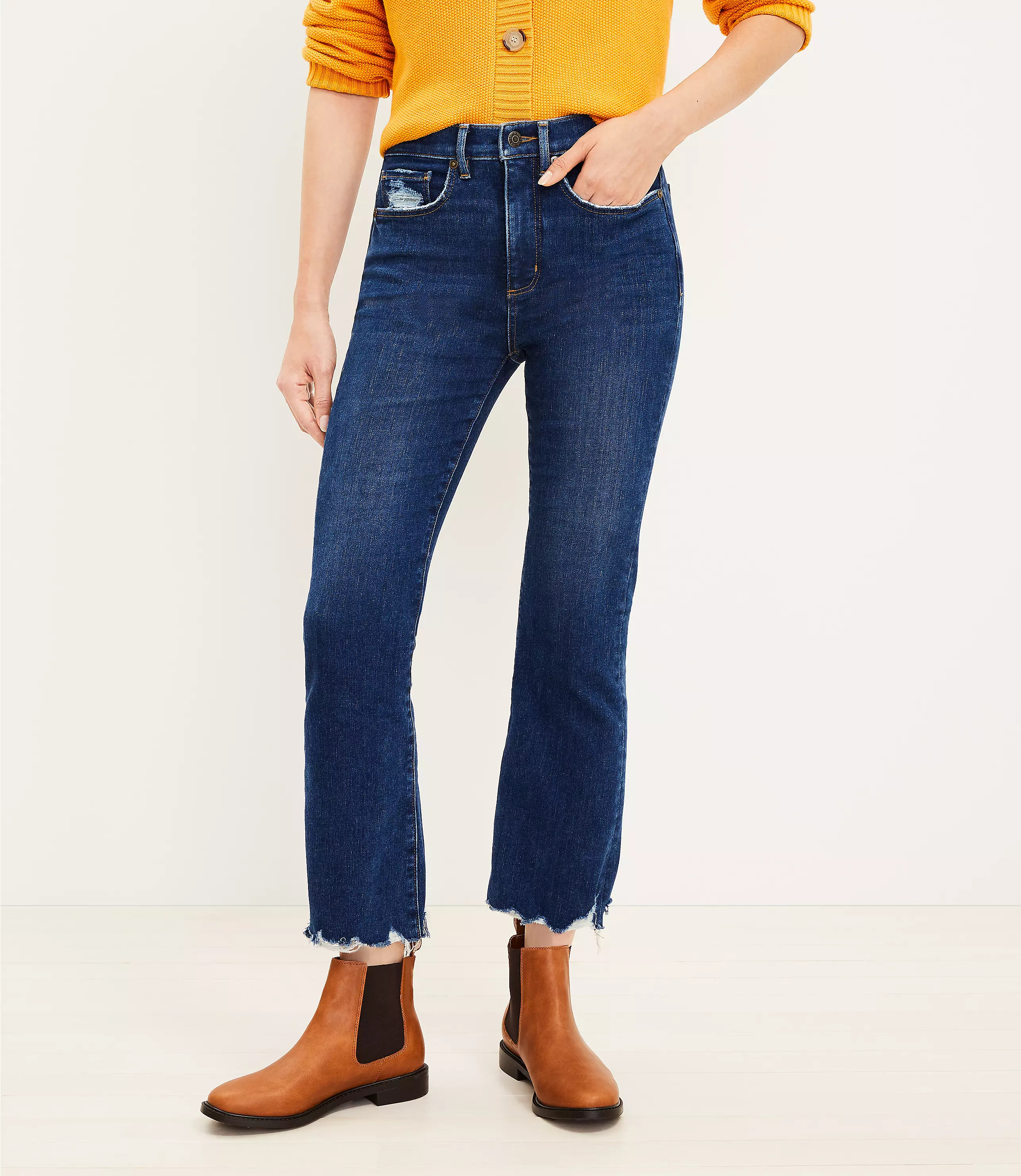 Chewed Hem High Rise Kick Crop Jeans in Destructed Mid Wash | LOFT