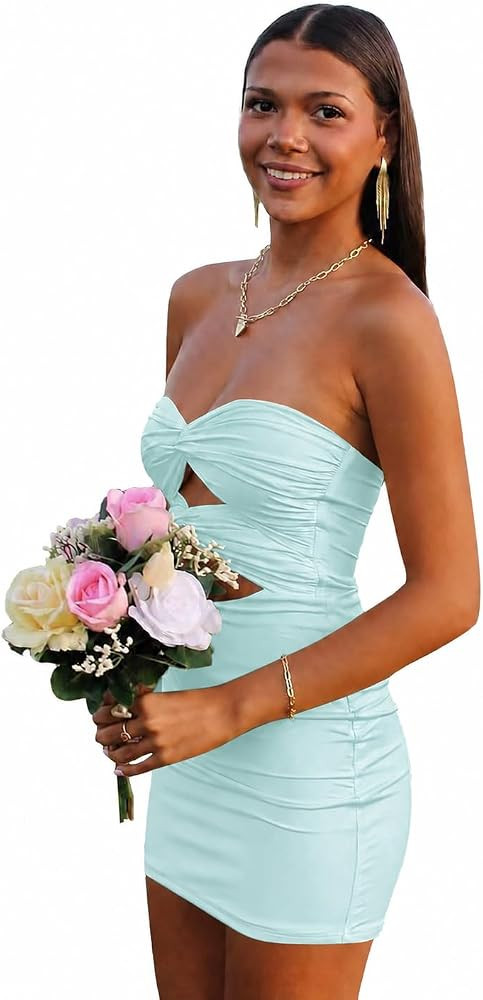 Satin Homecoming Dresses for Teens Short Prom Dress Tight Cut Out Strapless Mini Cocktail Dress | Amazon (US)