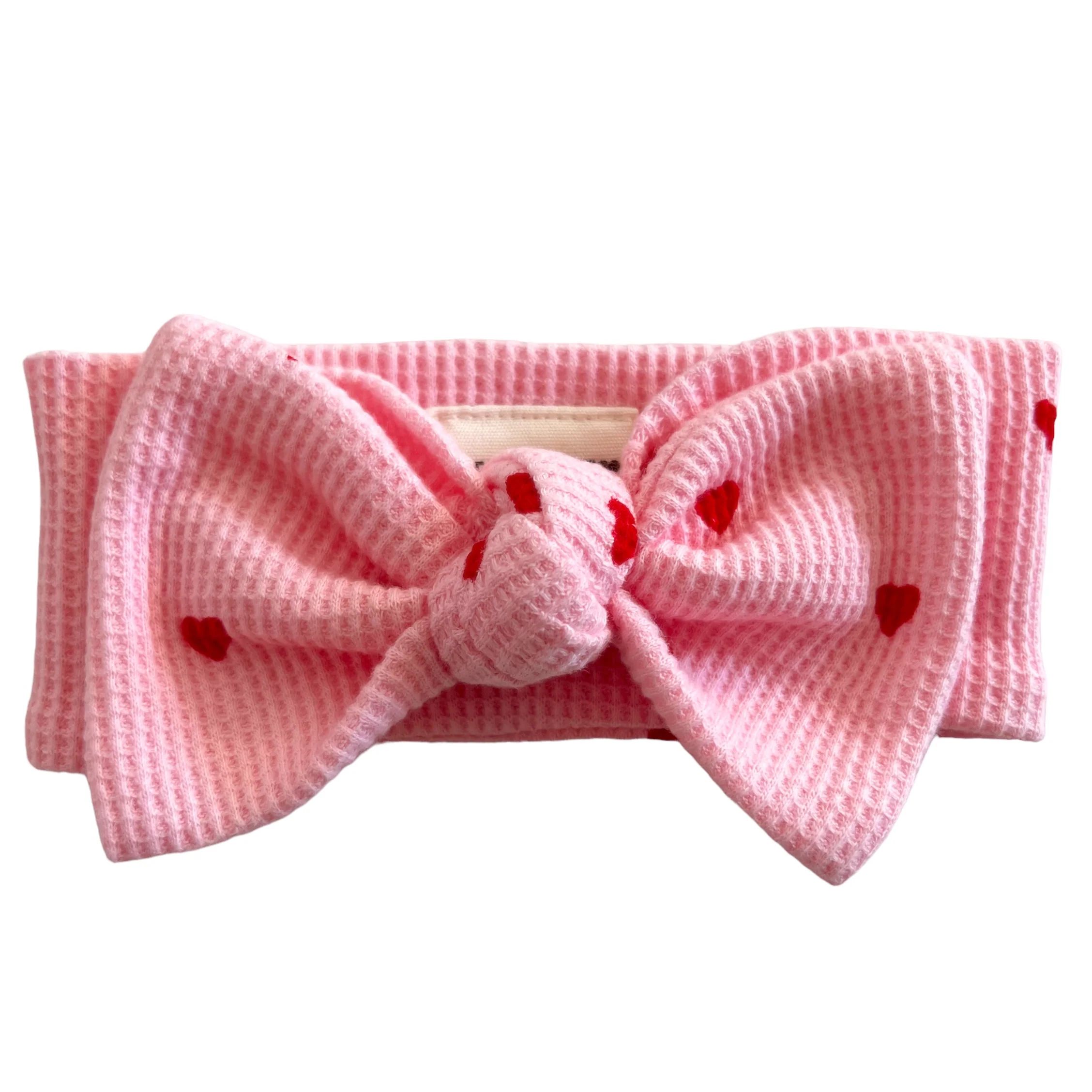 Organic Waffle Knot Bow, Little Red Heart (on Pink) | SpearmintLOVE