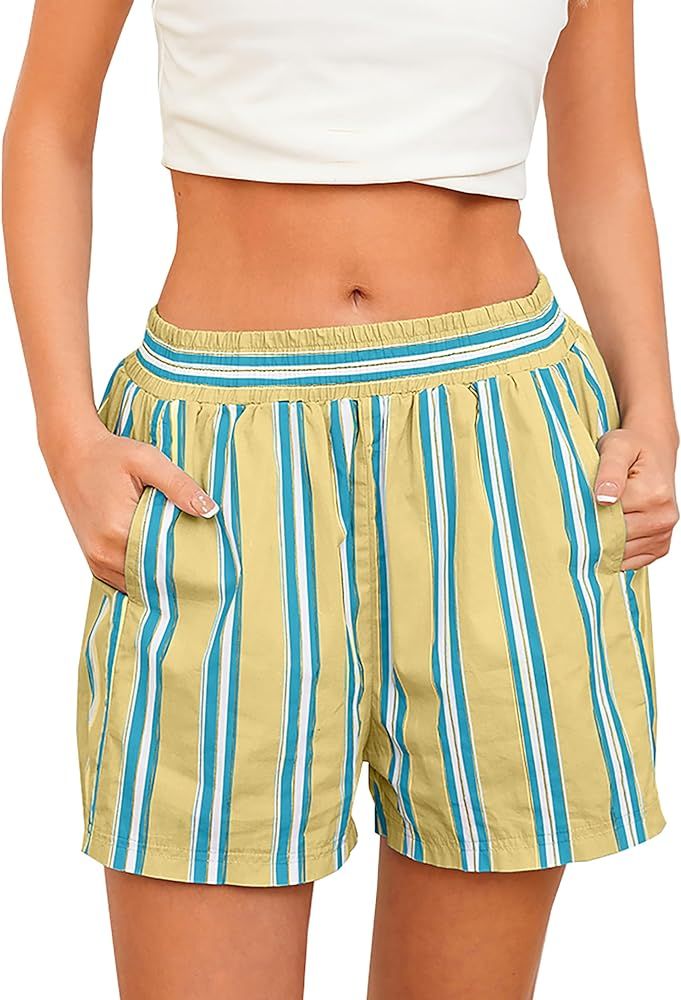 MISSACTIVER Women Striped Boxer Shorts Elastic High Rise Pajama Bottoms Casual Lounge Shorts with... | Amazon (US)