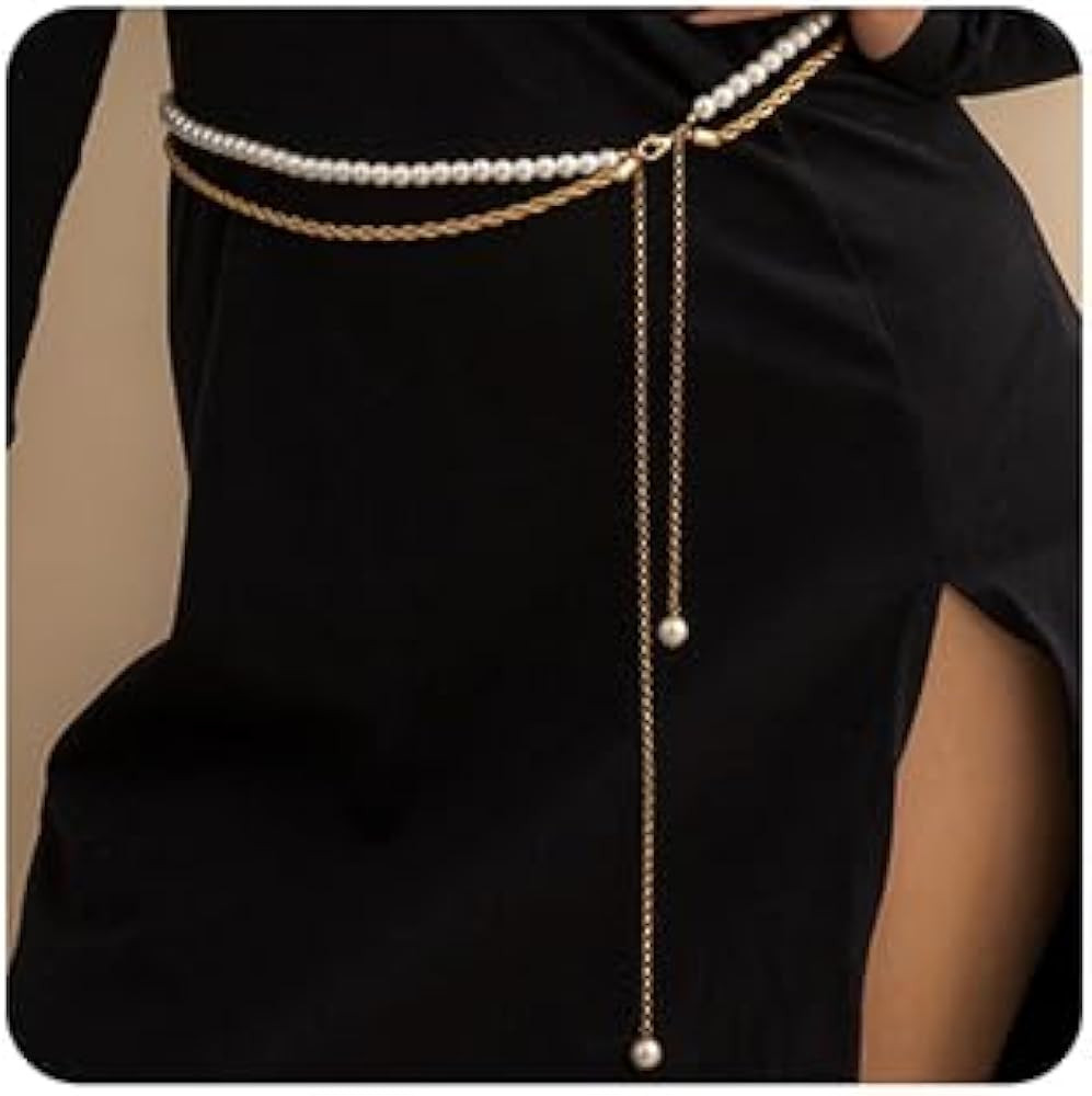 Pearl Beaded Double Layered Gold Waist Chain for Women Belt Chain for Dress Decoration | Amazon (US)