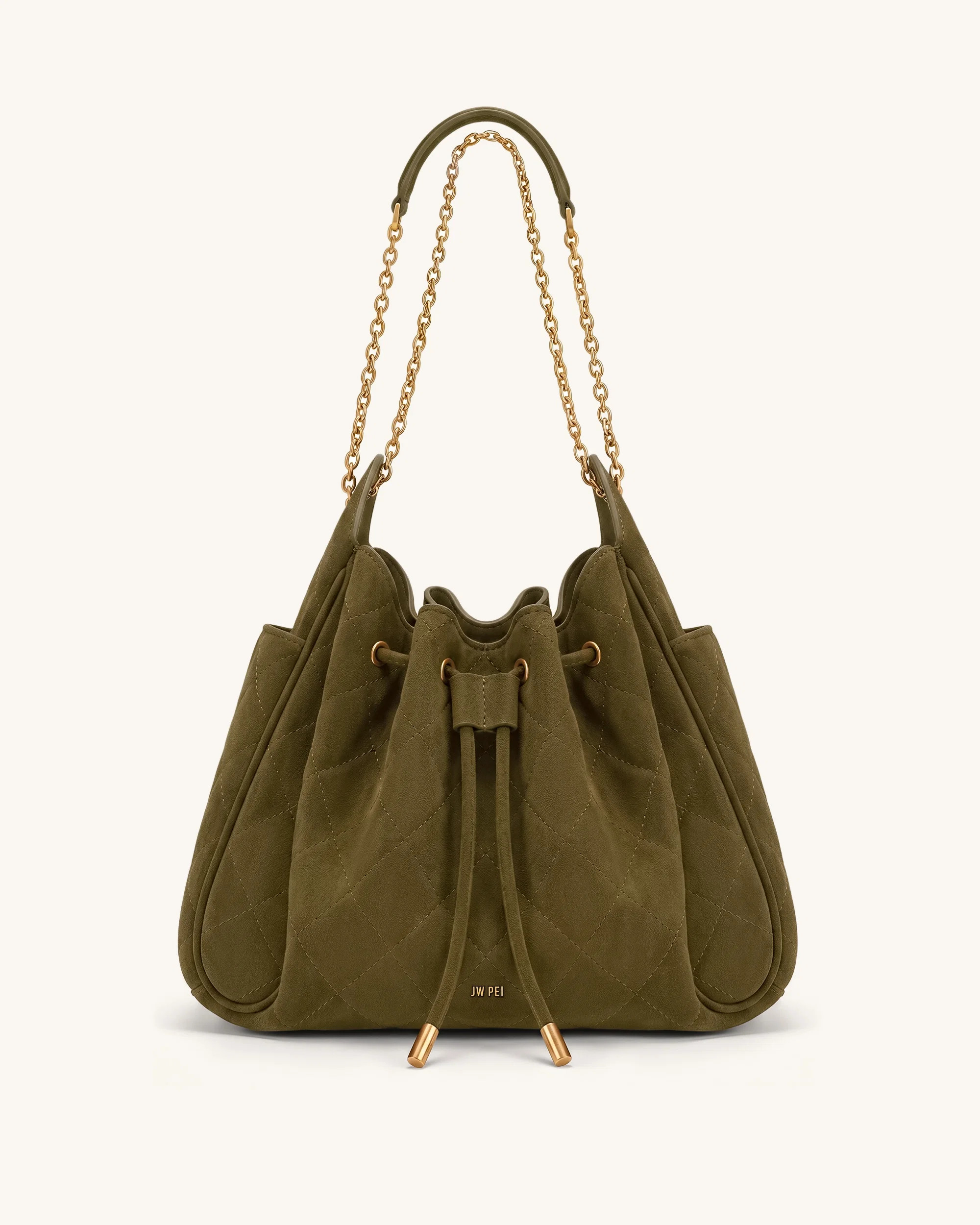 Rowan Faux Suede Quilted Chain Bucket Bag - Olive Green | JW PEI US