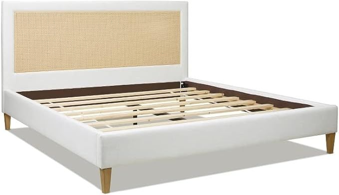 Jennifer Taylor Home Haley Upholstered Cane Back Platform Bed King Eggshell White Linen | Amazon (US)