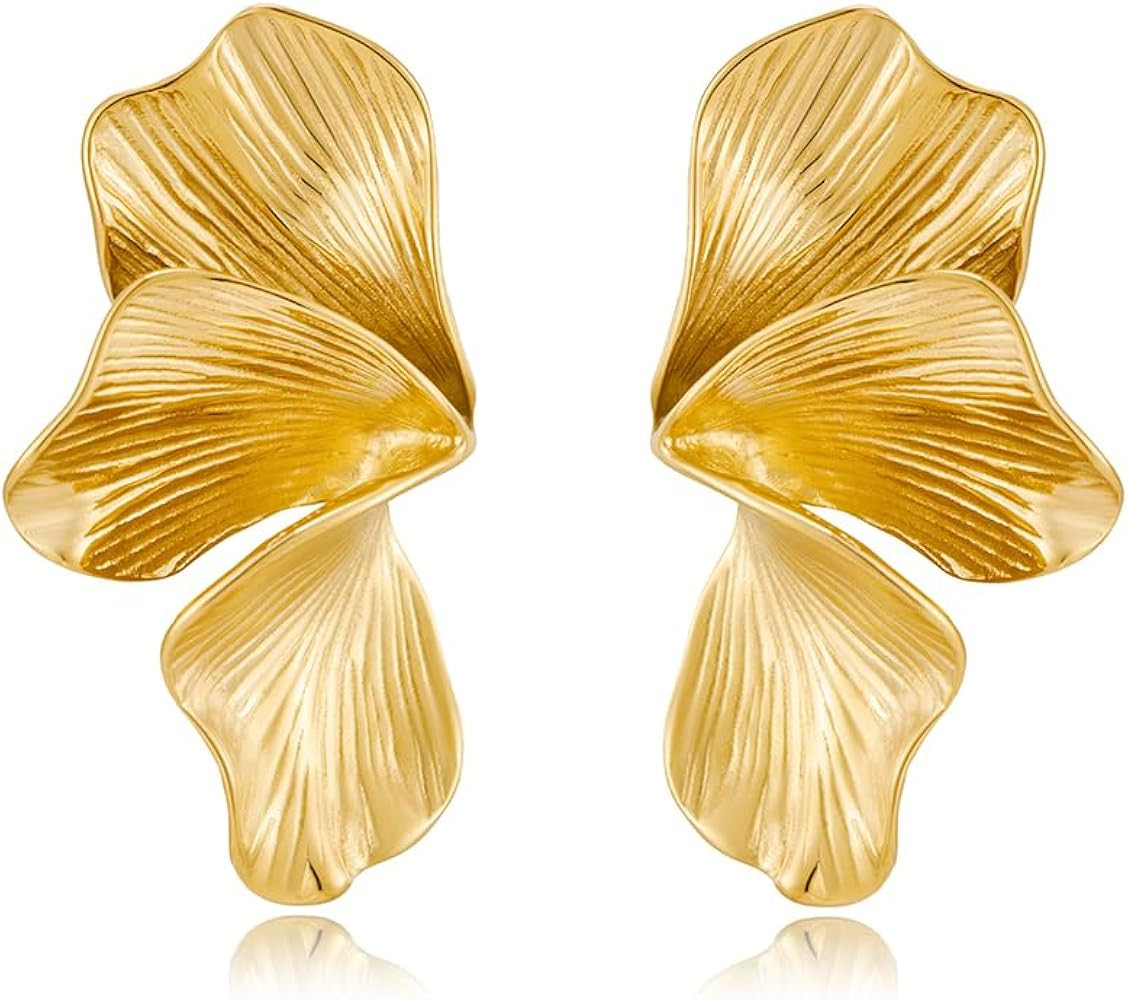 Bold Floral Statement Stud Earrings for Women – Large Gold Plated Leaf Design Earrings Chunky S... | Amazon (US)