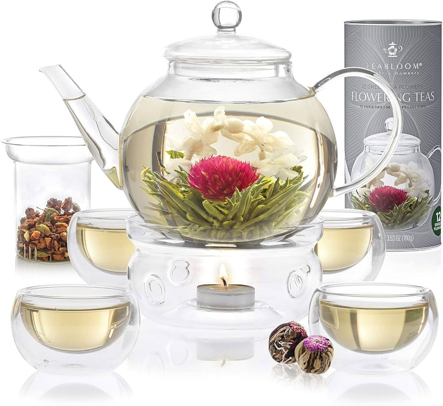 Teabloom Complete Tea Set – Teapot (40 OZ), Loose Tea Infuser, 4 Insulated Glass Teacups, Tea W... | Amazon (US)