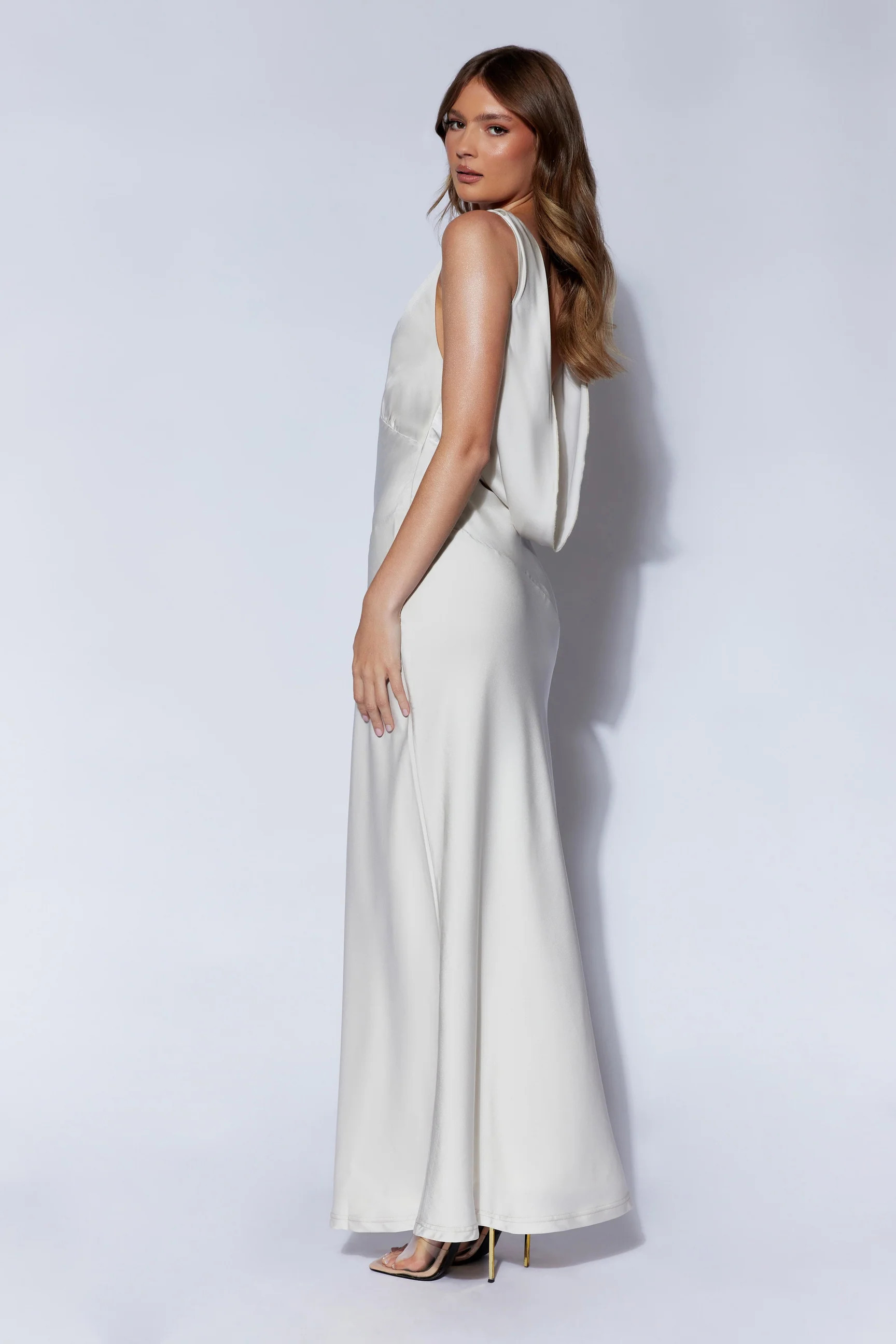 Nadia Maxi Satin Dress With Back Cowl - Silver | MESHKI US