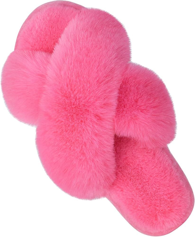 Women's Cross Band Slippers Fuzzy Soft House Slippers Plush Furry Warm Cozy Open Toe Fluffy Home ... | Amazon (US)