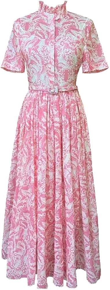 Women Spring Summer Floral Print A Line Midi Long Dress Ruffles Stand Collar Button Street Dresses | Amazon (US)