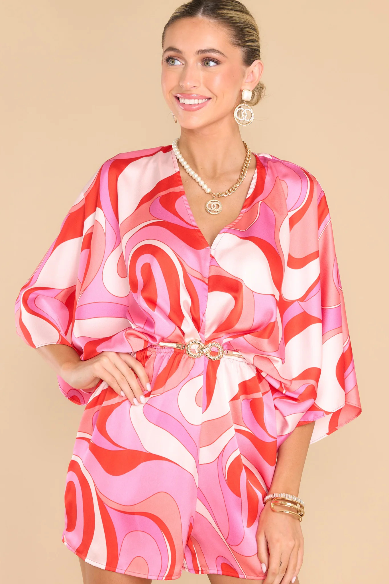 Party Anytime Pink Multi Print Romper | Red Dress 