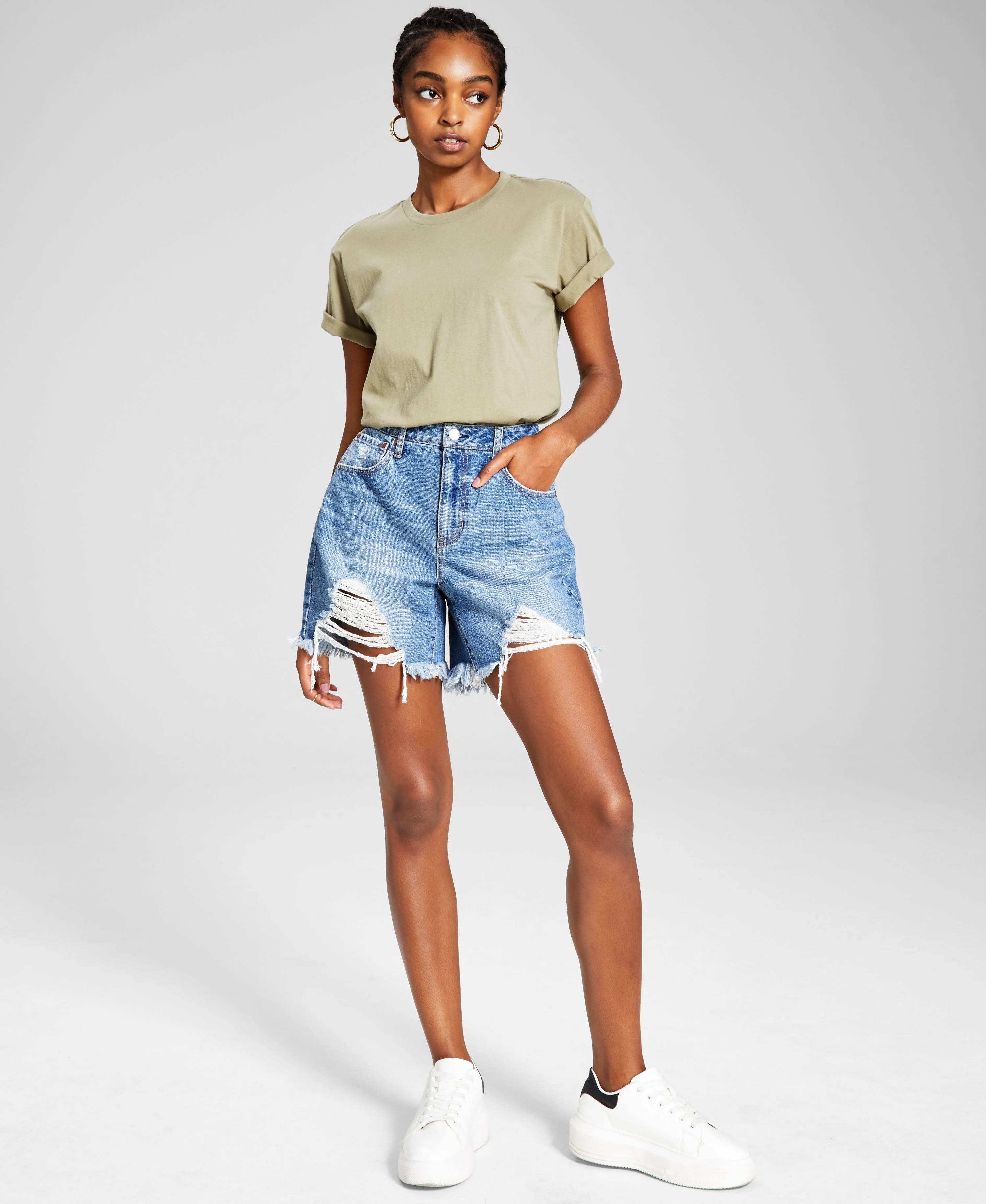 AND NOW THIS Womens Blue Pocketed Distressed Zippered Button Closure Boyfriend Shorts 27 | Walmart (US)