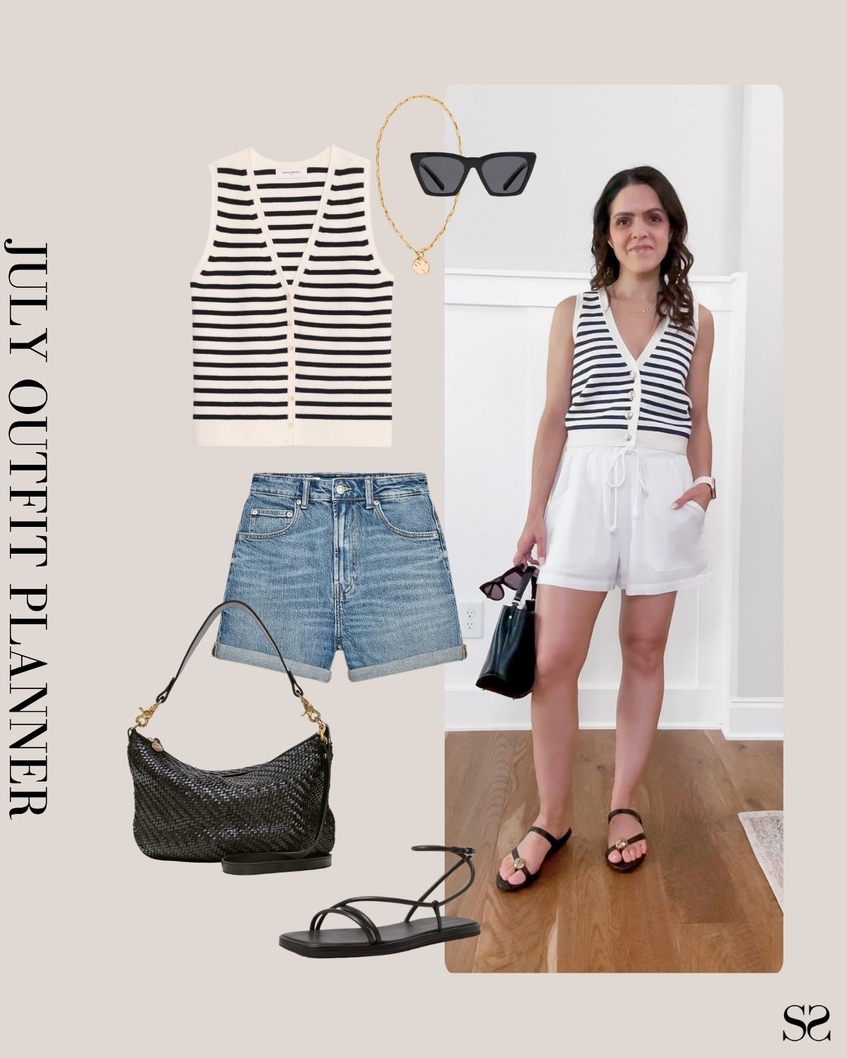 Planner to Person | Monthly outfit planner JULY: What I planned vs. how it’s worn: Summer looks, saved + styled outfit inspo | striped sweater vest tank, denim shorts, woven handbag, strap sandals 

#summeroutfit #casualstyle 


#LTKStyleTip