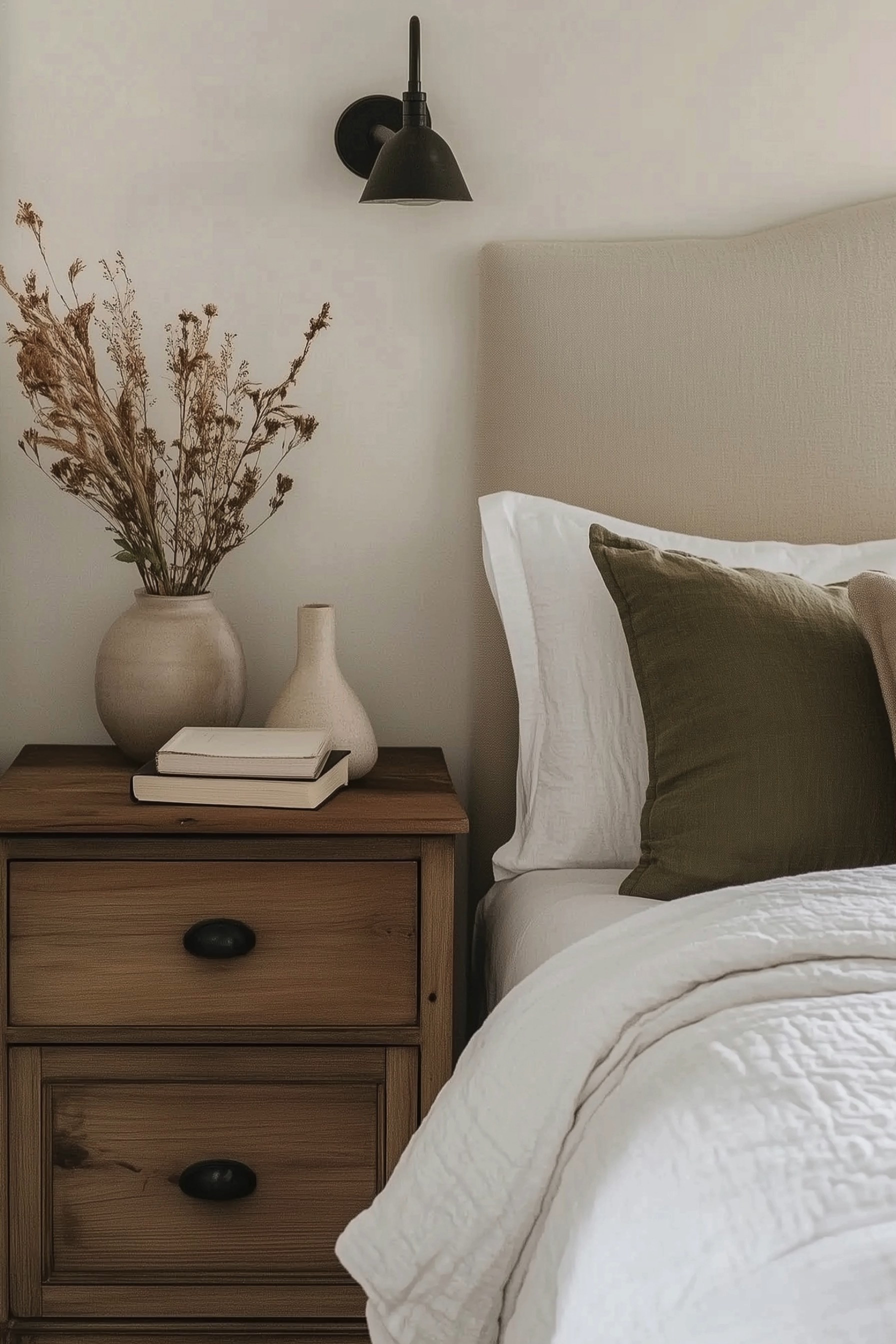 Cozy Neutral Bedroom Nightstand Styling — an organic modern bedroom with a light wood nightstand, linen upholstered headboard, layered white quilted bedding, and an olive green accent pillow. A matte black wall sconce, sculptural ceramic vases with dried stems, and stacked bedside books create a calm, minimal look with warm texture.

🖤 If you want to see more content like this, FOLLOW maeveandmodern on LTK, Instagram, and Pinterest! Check out our blog where we post daily, maeveandmodern.com!

Neutral bedroom | Nightstand styling | Organic modern decor | Light wood nightstand | Linen upholstered headboard | Olive green pillow | White quilted bedding | Black wall sconce | Ceramic vases | Dried floral arrangement | Minimal bedside decor | Cozy layered bedding | Warm earthy tones | Scandinavian-inspired bedroom | Calm serene palette
  

 

#LTKHome #LTKSaleAlert #LTKFindsUnder100 #LTKSeasonal #LTKHome #LTKSaleAlert