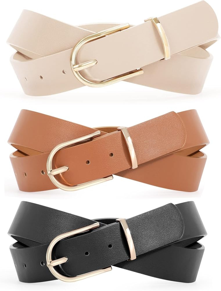 SANSTHS Women Leather belt Faux leather Chic Belt for Jeans Solid Color with Long Gold Curved Pin... | Amazon (US)