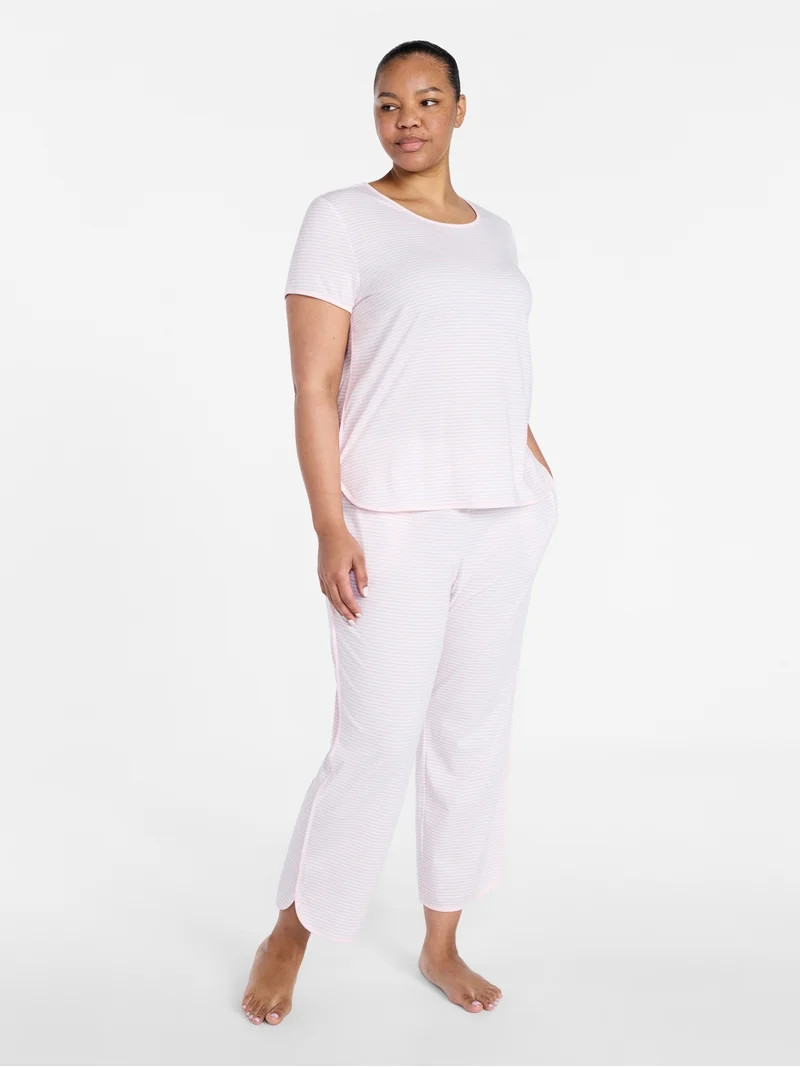Joyspun Women's Lightweight Short Sleeve Sleep Tee and Pants Set, 2-Piece, Sizes XS-3X | Walmart (US)