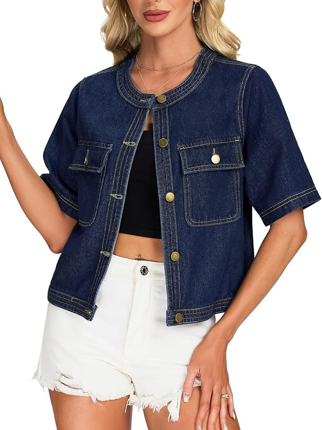 Women Short Sleeve Denim Jacket Cropped Collarless Jean Jackets | Amazon (US)