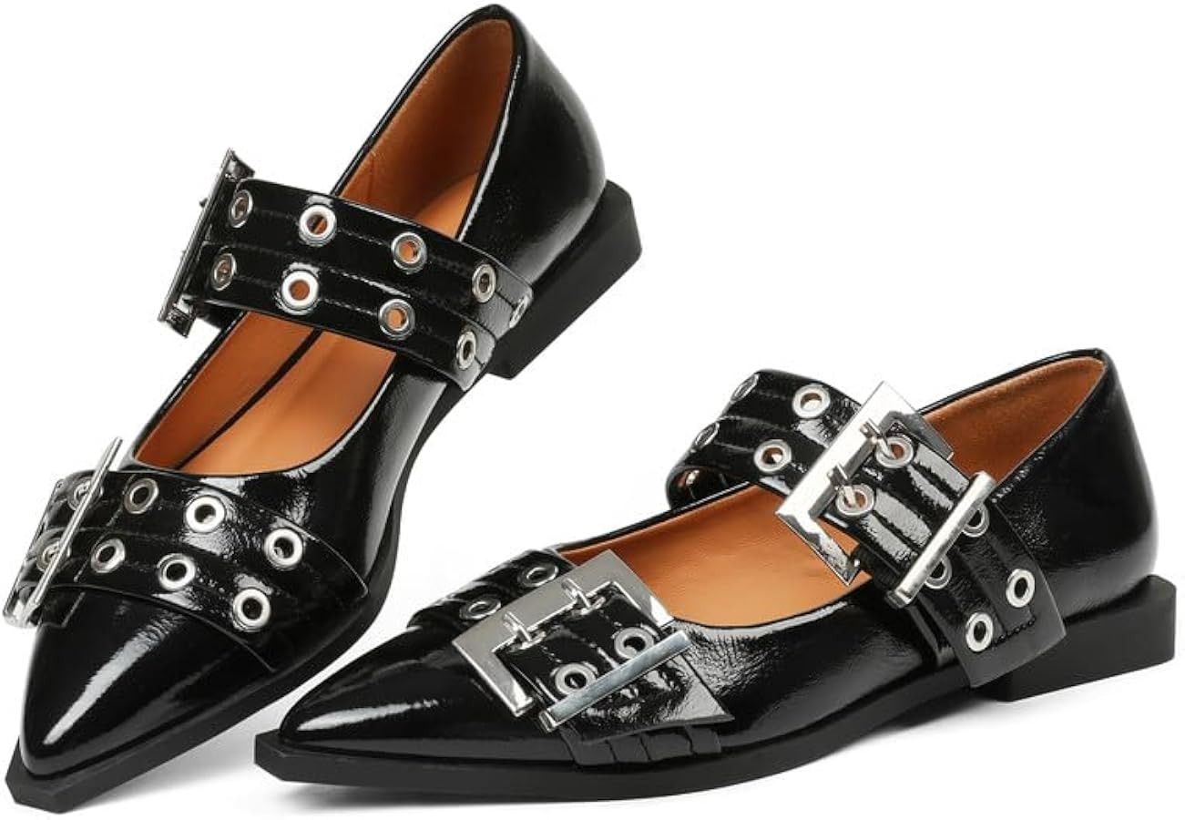 AMINUGAL Womens Wide Welt Buckle Ballet Flats Pointed Toe Metallic Buckle Strap Casual Party Dres... | Amazon (US)