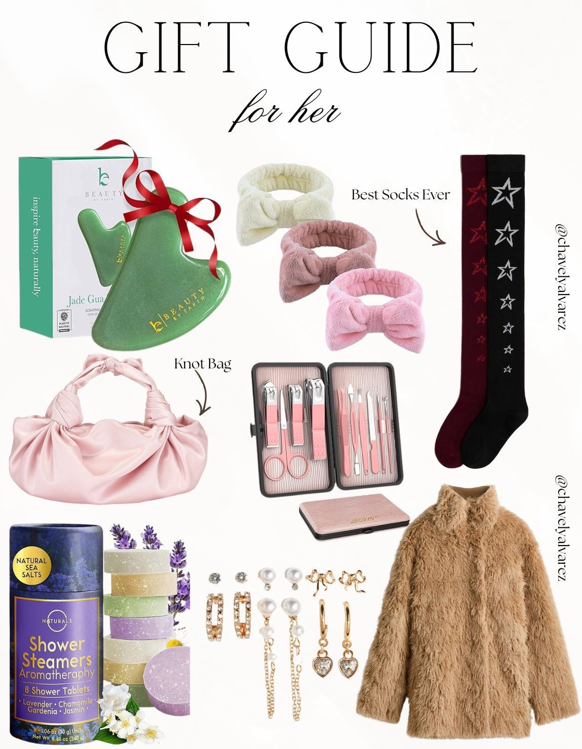 GIFT GUIDE for her: Spa Vibes, Cozy Layers, & Dainty Details! 🎁

Find the perfect present for everyone on your list with this curated collection of gifts for her! ✨

We are obsessed with these pampering essentials: from a relaxing Jade Gua Sha set and aromatherapy shower steamers to soft bow headbands for the ultimate skincare routine. Elevate her accessories with the trendy blush pink knot bag or a delicate gold earring set featuring pearls and heart charms. Finish the look with a touch of cozy luxury: a plush, tan faux fur jacket and festive star-patterned over-the-knee socks that are perfect for staying warm in style!

#GiftGuide
#GiftsForHer
#SelfCareDaily
#SpaDayAtHome
#CozySeason
#FauxFurJacket
#GuaSha
#HolidayGifts
#JewelryLover
#WinterStyle
#KnotBag
#LTKGiftGuide
#HolidayShopping
#GiftInspo
#StockingStuffers


#LTKFindsUnder100 #LTKFindsUnder50 #LTKGiftGuide