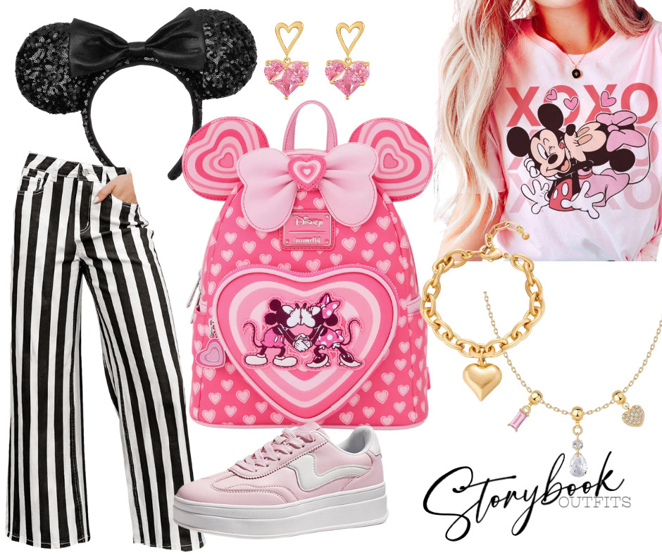 XOXO Valentine Disney outfit is made for bold Valentine park days 💗🖤✨

XOXO Minnie & Mickey tee, heart-print Loungefly, black sequin ears, striped pants, pink platform sneakers, and gold heart jewelry — this Storybook Outfit is perfect for Disney February trips, date nights, or anyone who loves a little extra drama in their Disney style! 

 #LTKTravel