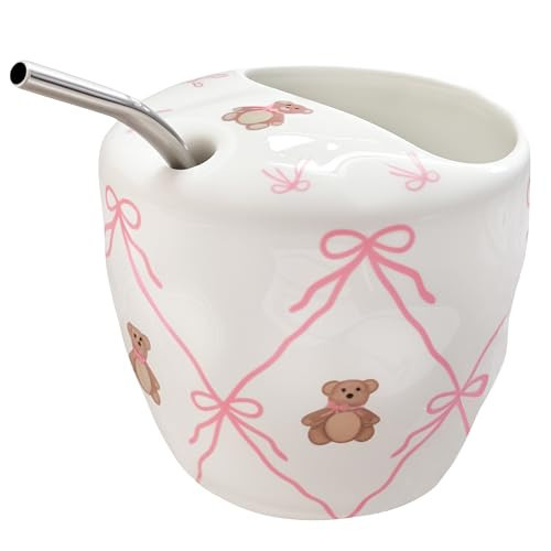 Cute Coffee Mug with Straw, 11oz Cute Bow with Bear Animals Ceramic Mugs, Kawaii Water Cup for Tea, Milk, Iced Coffee, Birthday Gift for Women, Kids, Girls, Bear Lovers | Amazon (US)