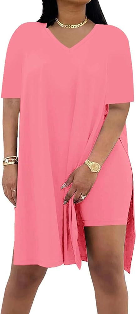 Plus Size Women 2 Piece Outfits, Short Sleeve Tunic Tops Bodycon Biker Shorts Set, Summer Casual ... | Amazon (US)