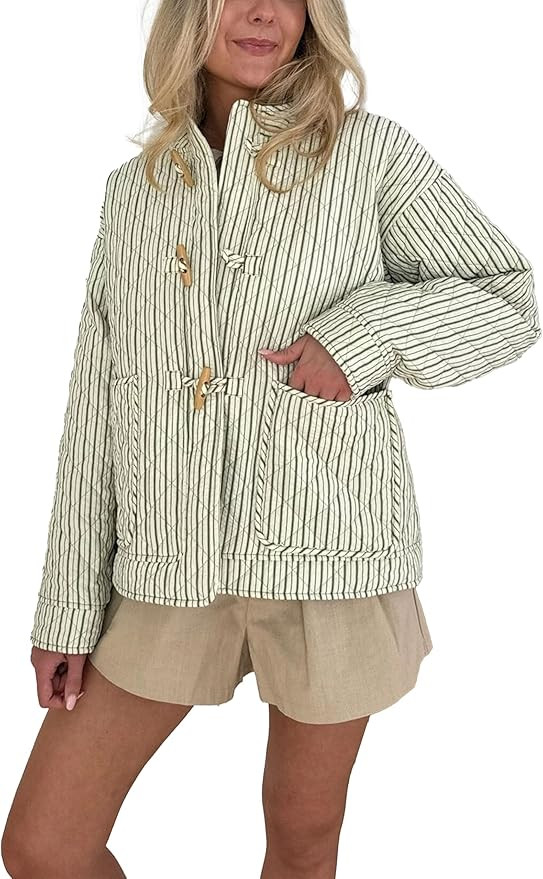 Women Striped Quilted Puffer Jacket Lightweight Long Sleeve Toggle Warm Outwear with Pockets | Amazon (US)