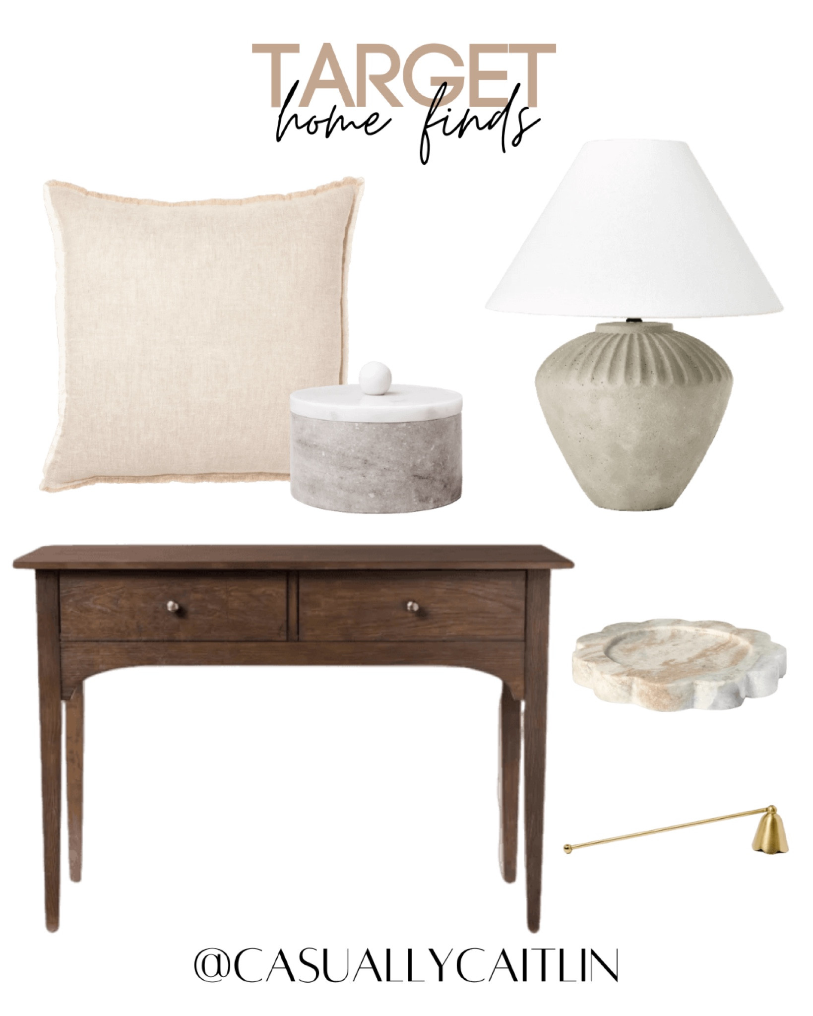 New at target! Love these studio mcgee home finds.

Beige throw pillow, marble dish with lid, neutral table lamp with shade, dark wood entry table, scalloped candle tray, brass candle snuffer, affordable home finds, home decor, neutral home 

#LTKHome #LTKFindsUnder50 #LTKFindsUnder100