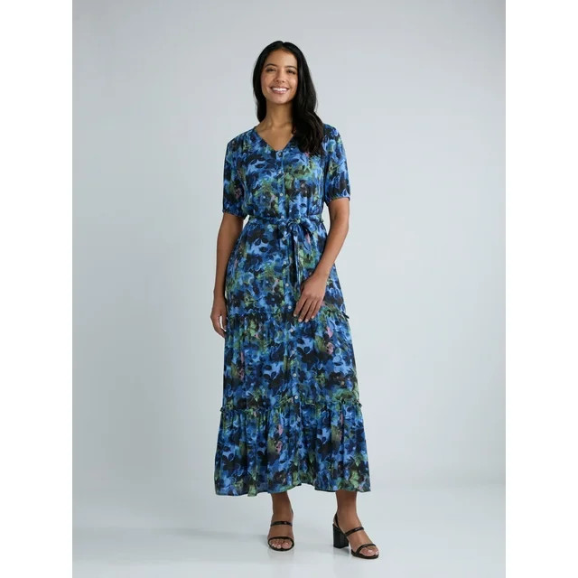 Time and Tru Women's Crinkle Maxi Dress with Short Sleeves, Sizes XS-XXXL | Walmart (US)