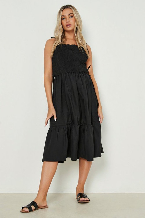 Strappy Shirred Midi Smock Dress | Boohoo.com (UK & IE)