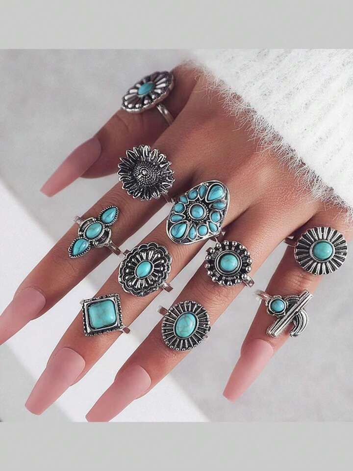10pcs/Set Vintage Bohemian Style Alloy Turquoise Fashionable Rings, Suitable For Women's Daily We... | SHEIN