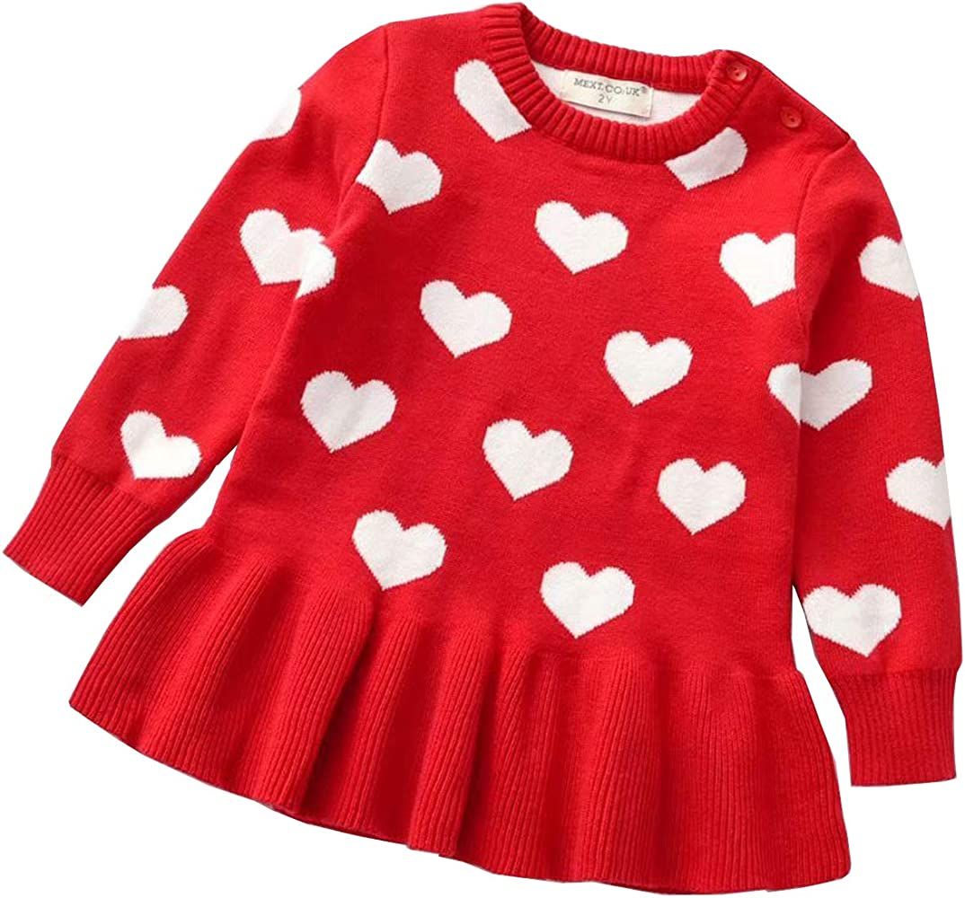 WALLARENEAR Toddler Baby Girl Valentine Dress Kids Heart Long Sleeve Knit Sweater Dress Pleated D... | Amazon (US)