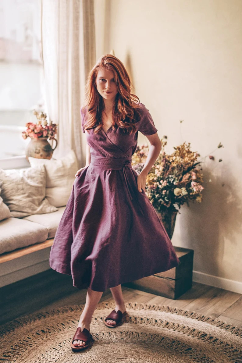 Deep Green Linen Dress, Midi Length, Elastic Waist, Obi Belt, Boho Clothing - Etsy | Etsy (US)