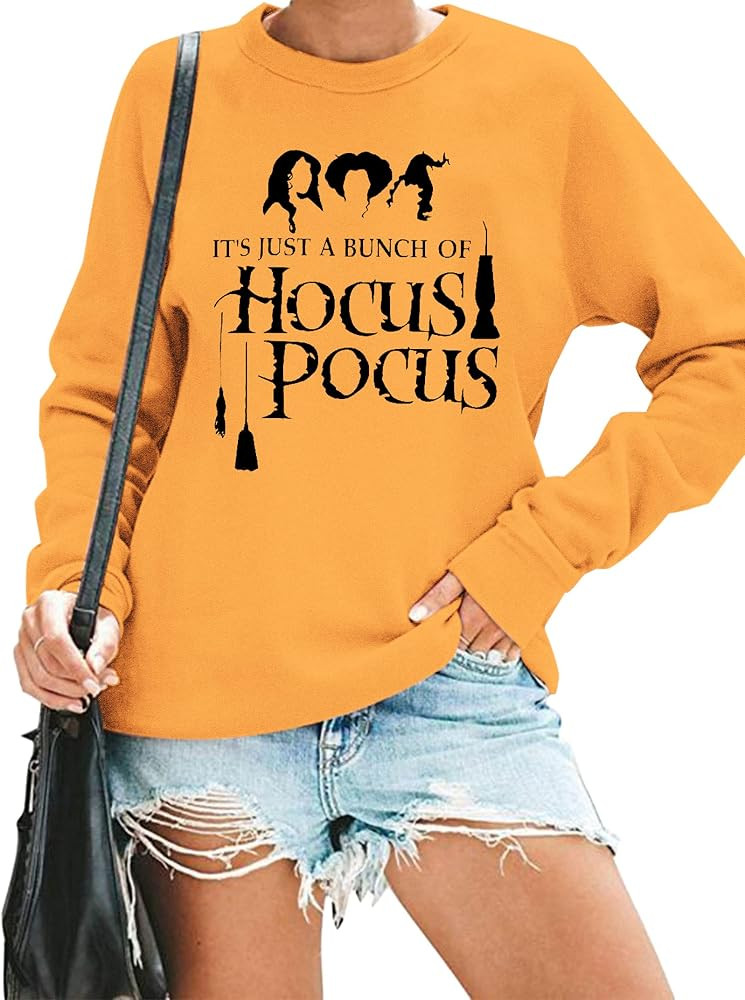 It's Just A Bunch of Hocus Pocus T-Shirt Women Halloween Sanderson Sisters Long Sleeve Crewneck Casu | Amazon (US)