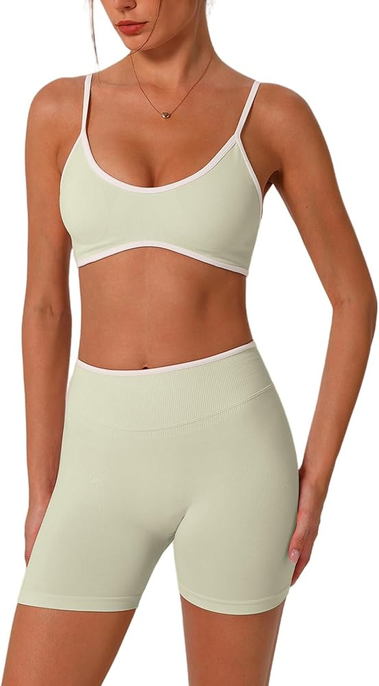 ABOCIW Workout Sets for Women Color Block Sports Bra Hidden Scrunch High Waist Biker Shorts 2 Pie... | Amazon (US)