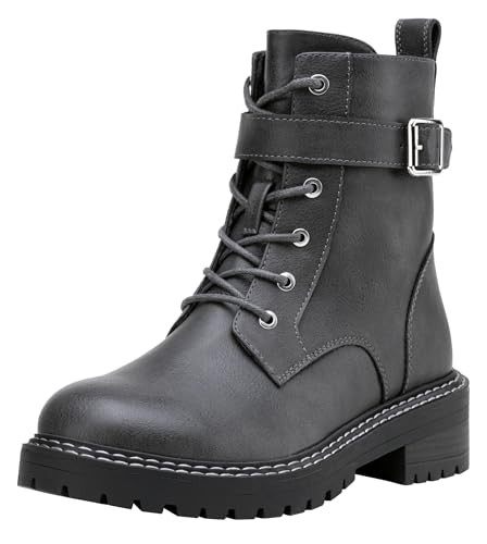 Jeossy Women's 9628 Combat Ankle Boots, Lace Low Heel Booties with Buckle and Side Zipper, Grey, Size 8.5M US(DJY9628 Grey 08.5) | Amazon (US)