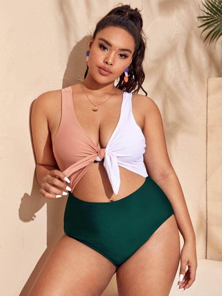 Plus Color Block Knot Front One Piece Swimsuit | SHEIN
