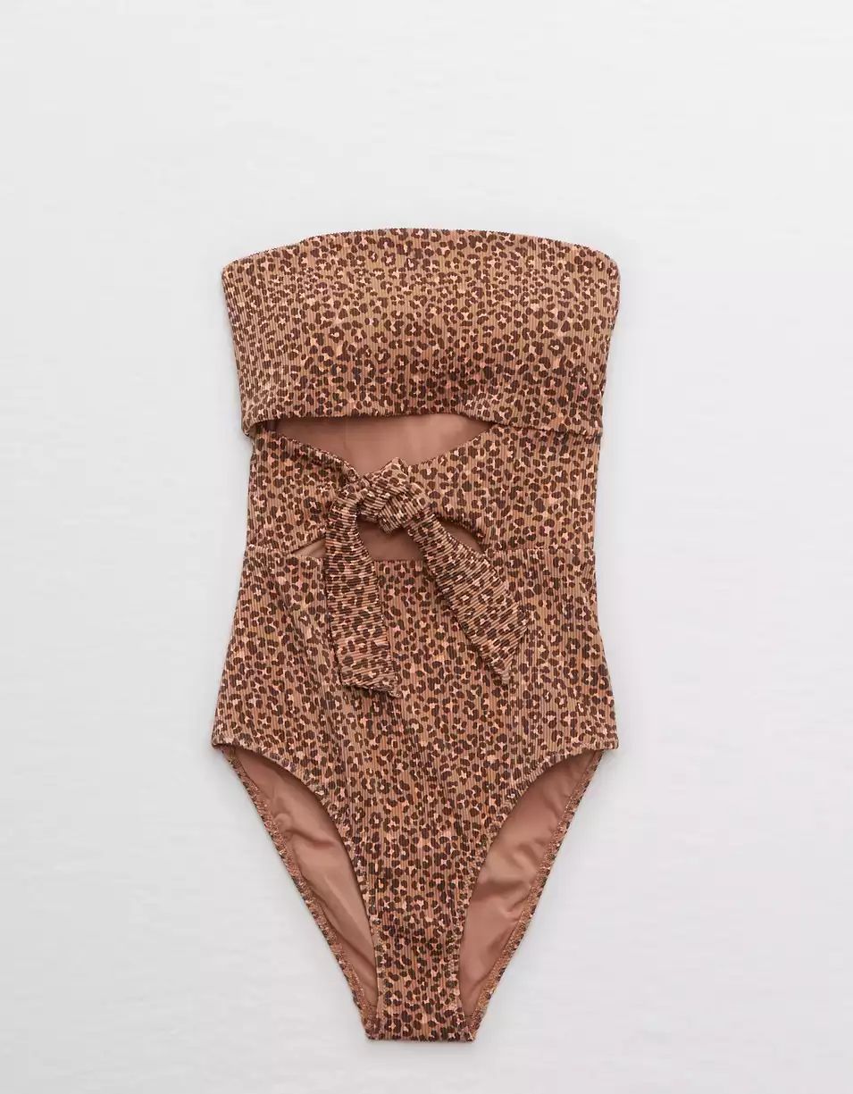 Aerie Ribbed Leopard Wrap Bandeau One Piece Swimsuit | American Eagle Outfitters (US & CA)