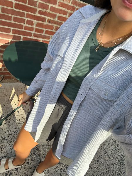 Love throwing on a comfy outfit in the morning to go on a coffee run! Sweat shorts, a high neck tank top, and a shacket are my go-to! This shacket from aerie is the perfect layering piece for fall. Oversize but not too big & great for throwing on. True to size (M). I also linked my current fave Aerie tanks & the Birks I wear everyday! 💓

#LTKSeasonal #LTKsalealert #LTKSale