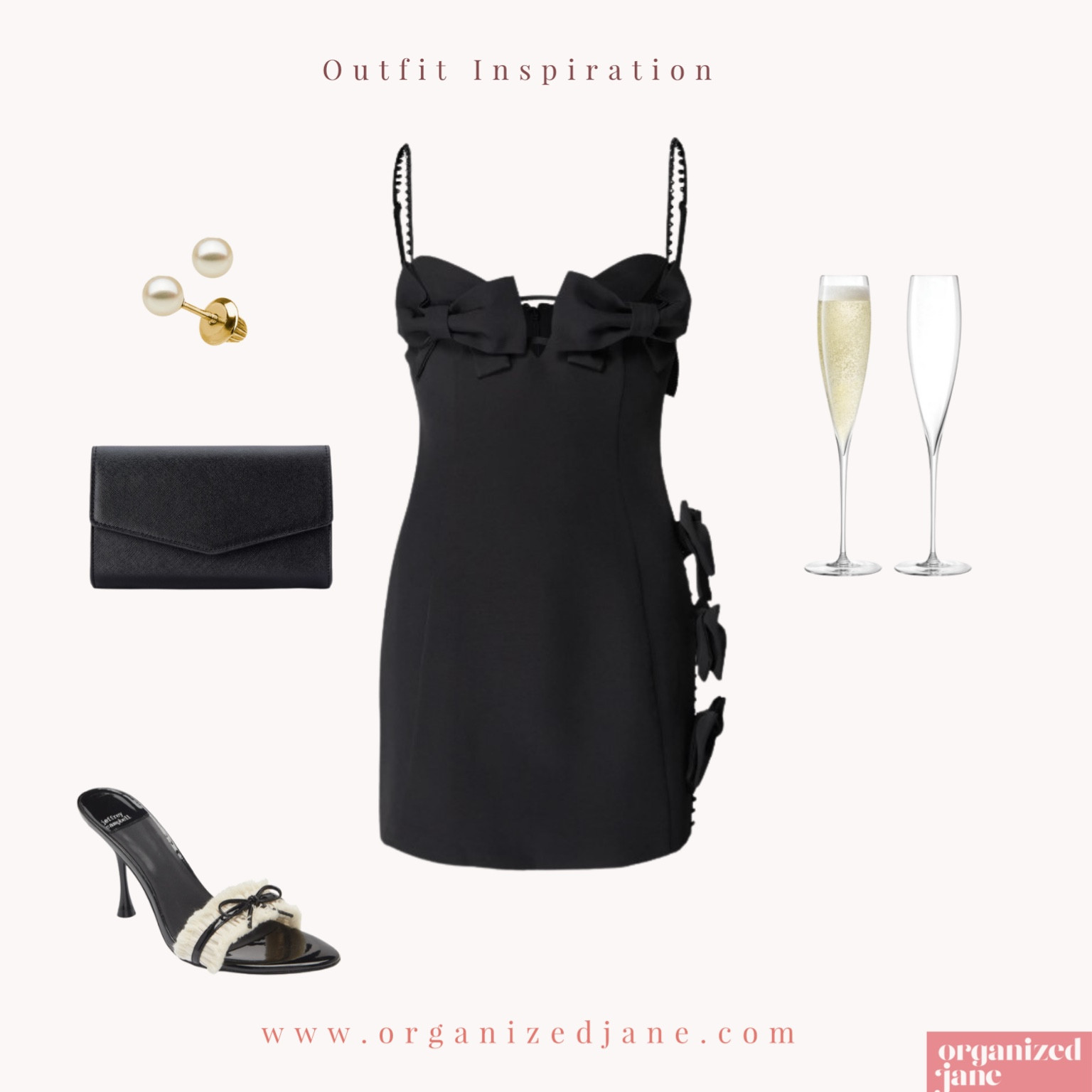 Transform your evening look with this sophisticated black dress and elegant accessories ✨👠 Pearl earrings, a sleek black clutch, stylish heels, and champagne flutes for a night to remember 🍾🥂

#LTKstyletip #LTKSeasonal